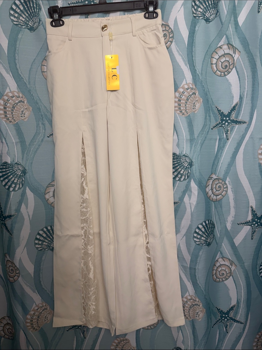 LC Cream Wide-Leg Pants with Lace Insets